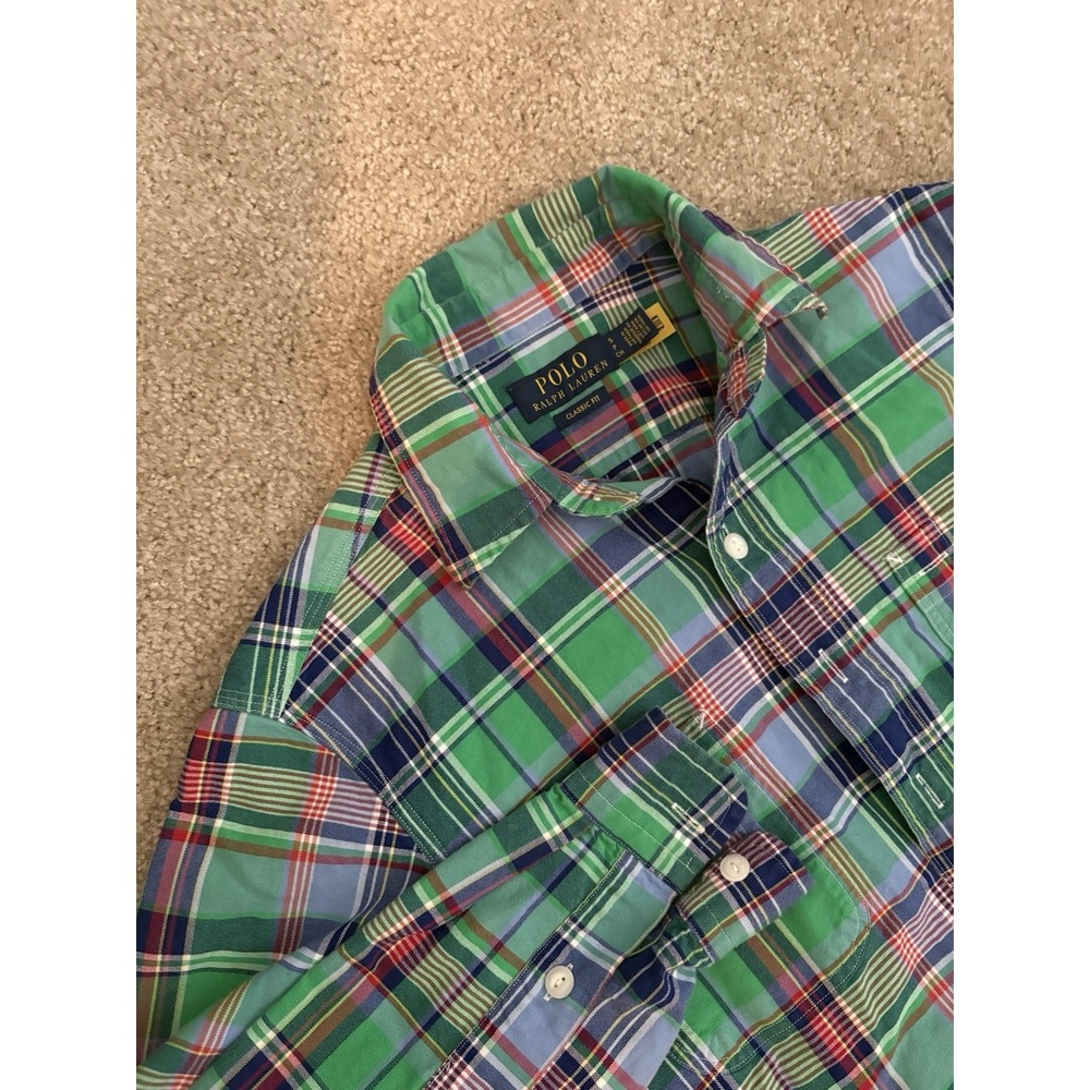 Polo Ralph Lauren Classic Fit Button Down Shirt Green Plaid Men's Size S Cotton